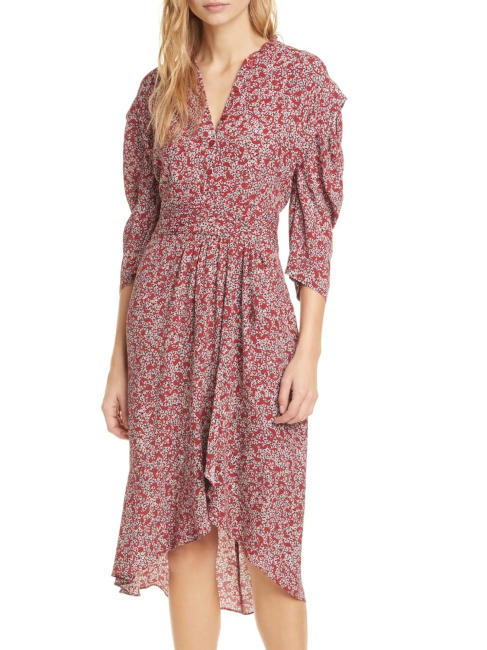 BA&SH Chelsea Wrap-effect Red Floral Print Crepe Dress 6 Like New